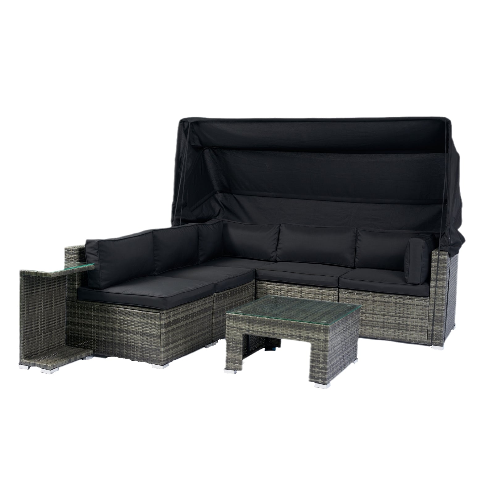 Wicker Rattan Sectional Sofa Retractable Canopy Outdoor