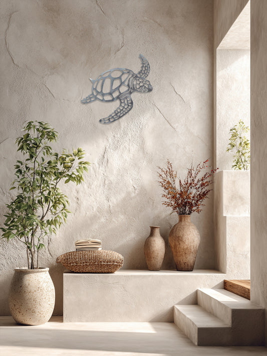 Rustic Sea Turtle Metal Wall Decor - Coastal Beach House Bathroom Accent