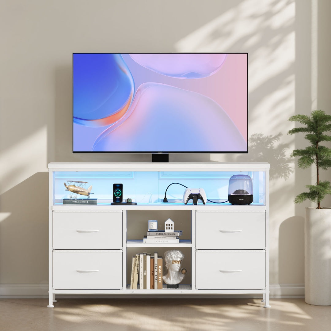 Soporte para TV, 4 Cajones, Con Luces LED y Enchufes Eléctricos, Mueble para Sala de Estar para TV de 50 Pulgadas, Con Estantes Abiertos y Patas Ajustables
