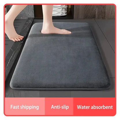 Dark gray plush coral velvet floor mat with absorbent coral velvet surface and non-slip backing for bathroom use