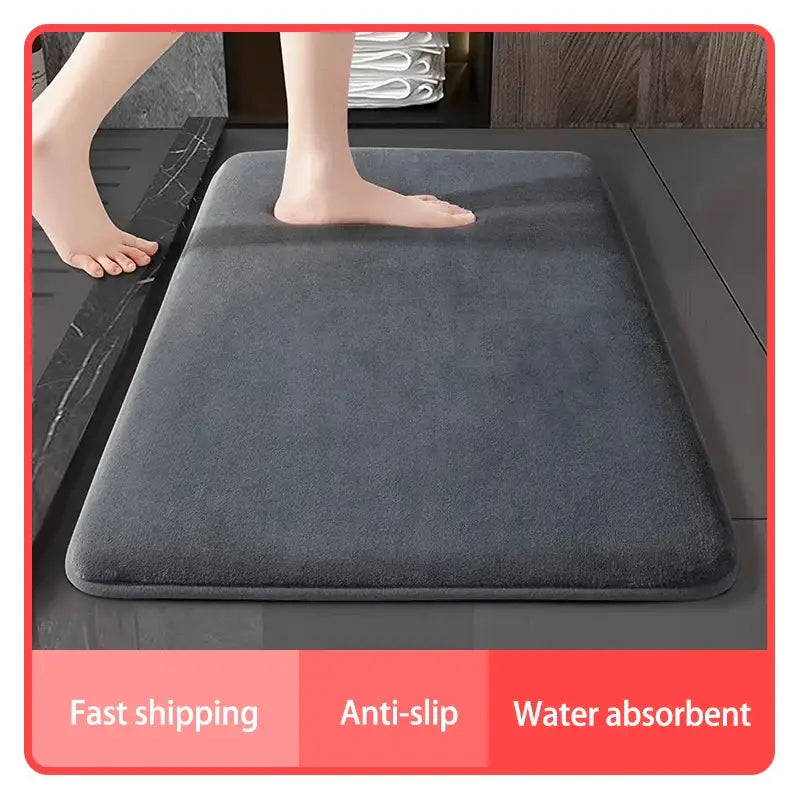 Dark gray plush coral velvet floor mat with absorbent coral velvet surface and non-slip backing for bathroom use