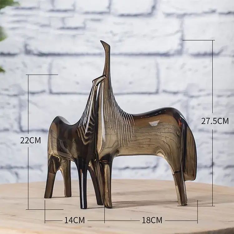 Abstract bronze-colored glass horse couple sculpture set with vertical ridges for living room decorbites horse couple decor