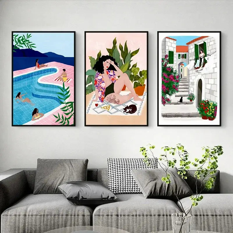 Three framed illustrated wall art pieces including abstract beach body canvas print for elegant home decor