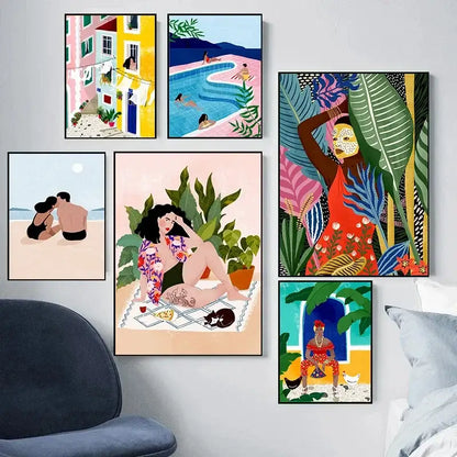 DecorBites™ abstract beach body canvas print with vibrant tropical scenes and bold patterns perfect for home decor