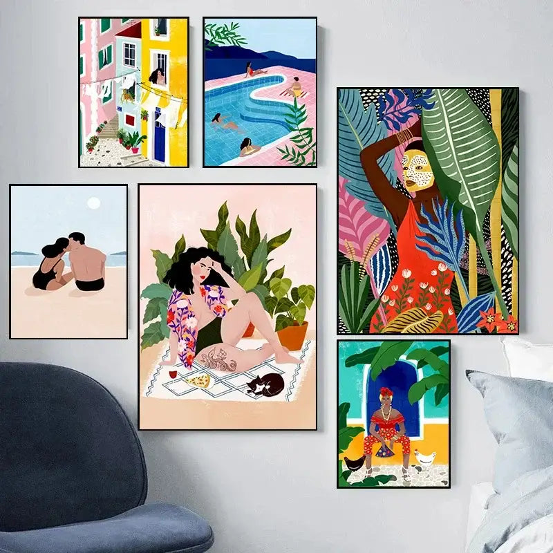 DecorBites™ abstract beach body canvas print featuring vibrant colorful tropical home decor with bold stylized patterns