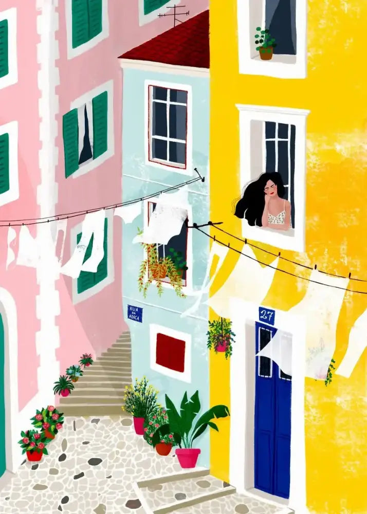 A woman with long black hair leans out of a yellow window on a DecorBites™ abstract beach body canvas print for home decor