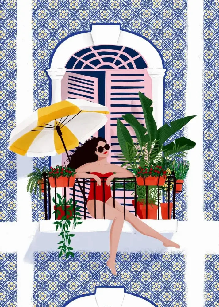 A decorbites™ abstract beach body canvas print featuring a woman in a red swimsuit under a striped umbrella for home decor
