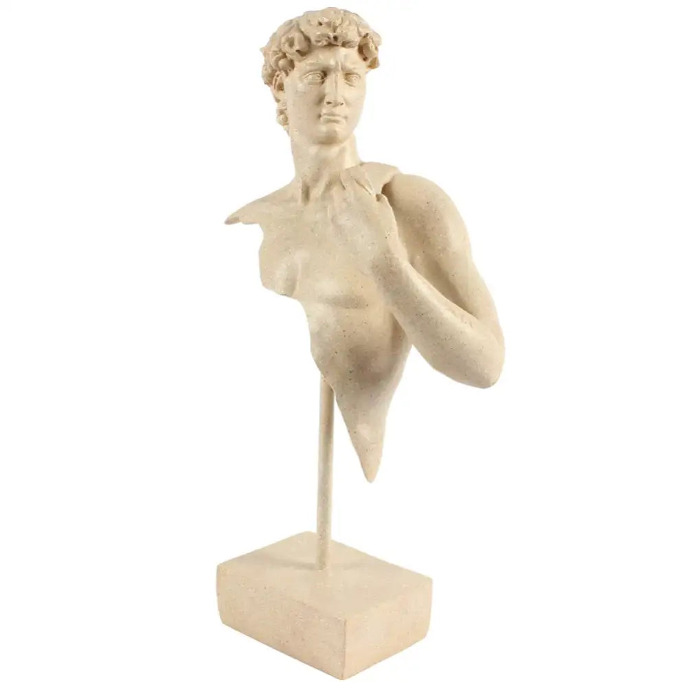 Abstract beige david bust resin sculpture featuring detailed curly hair and muscular physique on matching square base