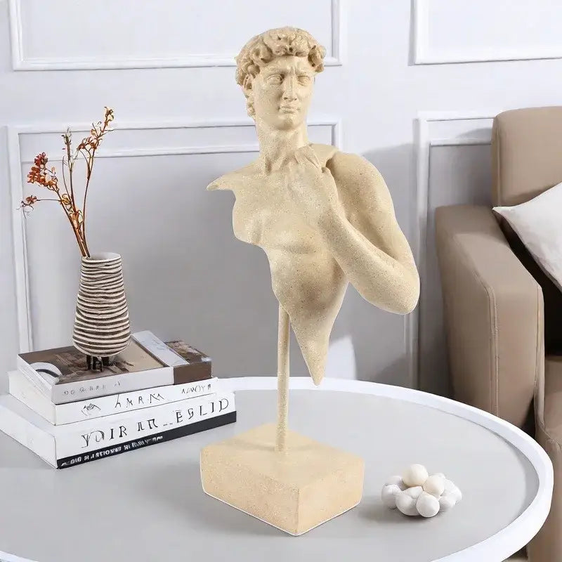 Abstract beige david bust resin sculpture of upper body on matching base for living room decor