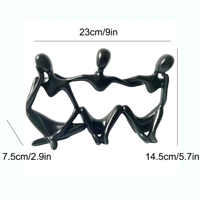 Black glossy resin abstract friendship figurine of three human figures holding hands for living room decor