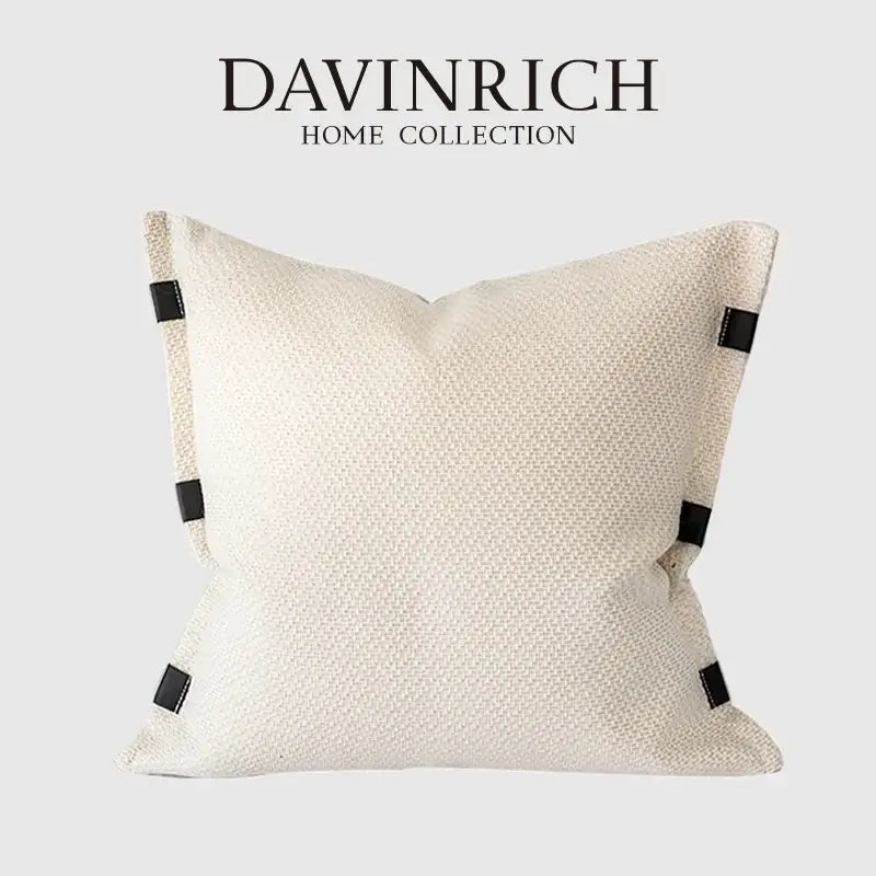 Beige textured pillow cover with black leather accents at corners from davinrich home decorbites beige textured collection