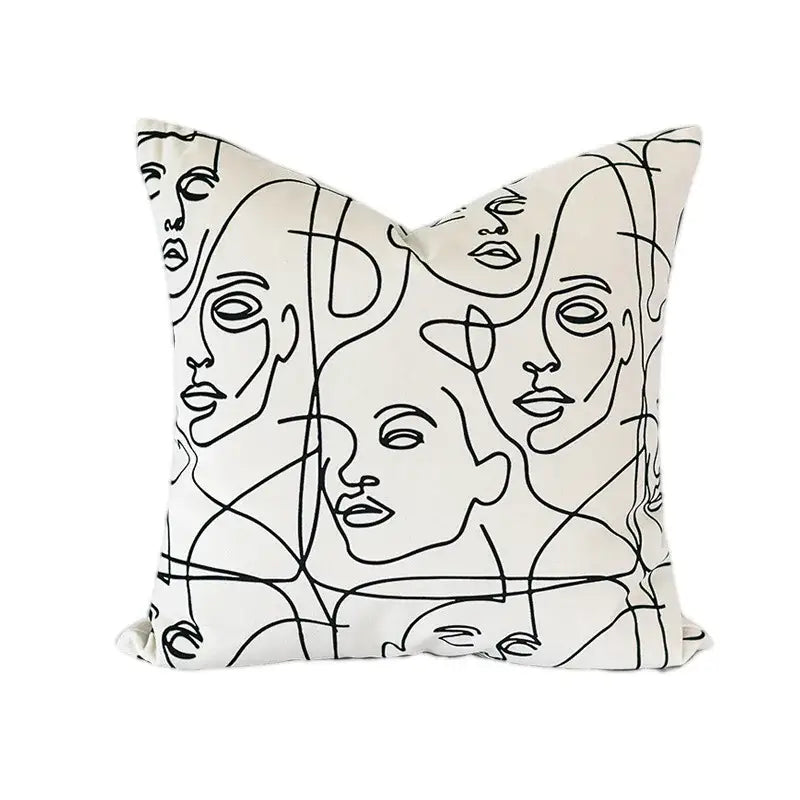 Cream-colored pillow cover with abstract line-art faces in black for decorbites beige textured pillow decorbites beige textured pillow cover