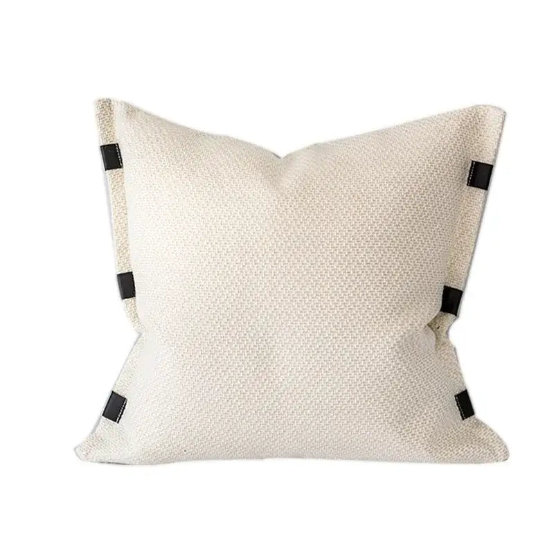 Beige textured pillow cover with black leather accent strips at corners for decorbites beige textured living room decor