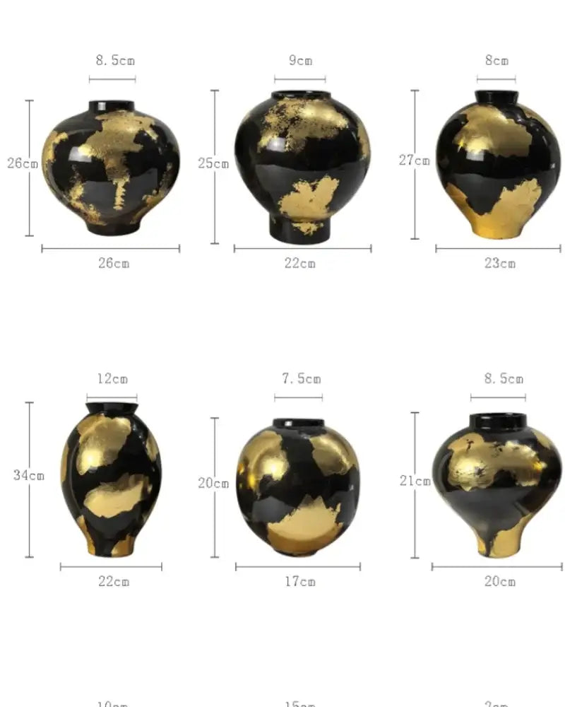 Abstract black ceramic vases with gold foil pattern accents in various shapes and sizes for living room decor