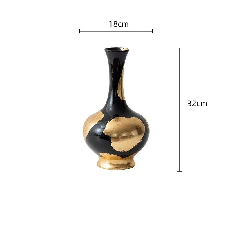 Elegant black ceramic vase with gold foil pattern featuring abstract splashes for living room decor