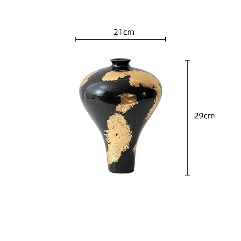 Elegant black ceramic vase with gold foil pattern accents 29cm tall 21cm wide ideal for living room decor