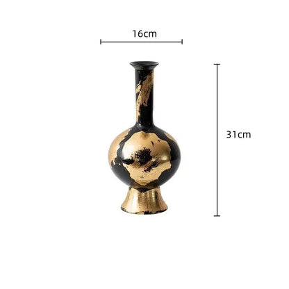 Elegant black ceramic vase with slender neck and flared base featuring gold foil pattern for living room decor