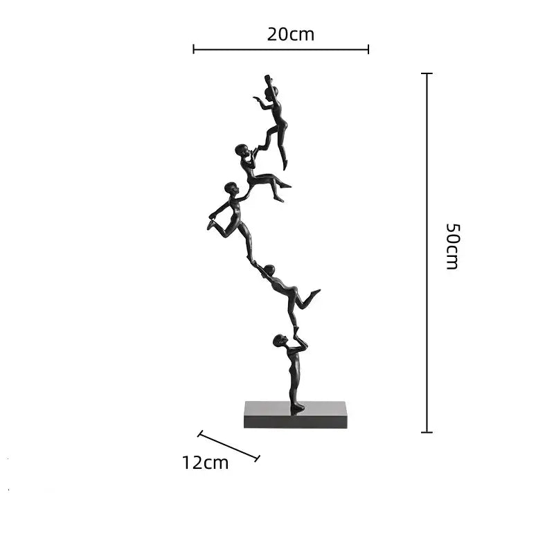 Abstract black and silver human figure sculpture decorbites featuring stacked stylized acrobatic figures for living room decor