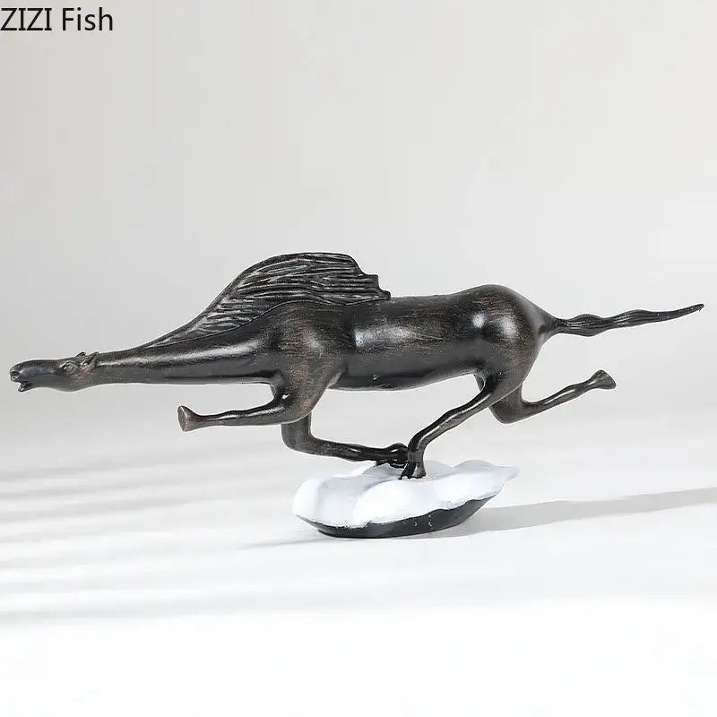 Dark bronze horse figurine with flowing mane on white cloud base complementing decorbites bull statue metal decor