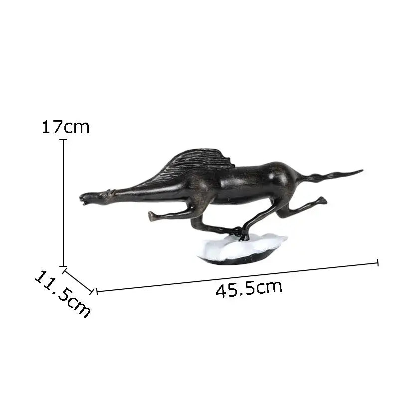 Abstract black cast iron decorbites bull statue featuring a running horse with a dorsal fin on white base for living room decor