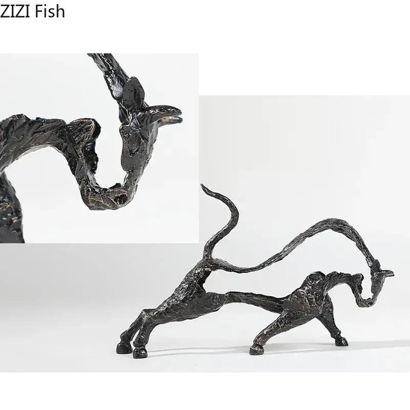 Black textured metal sculpture of two abstract deer figures for decorbites bull statue living room metal decor