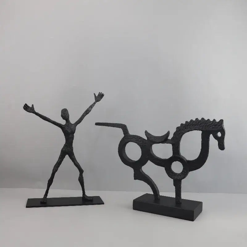 Abstract black geometric couple cast iron sculpture of human figure and horse on bases for home decor by decorbites