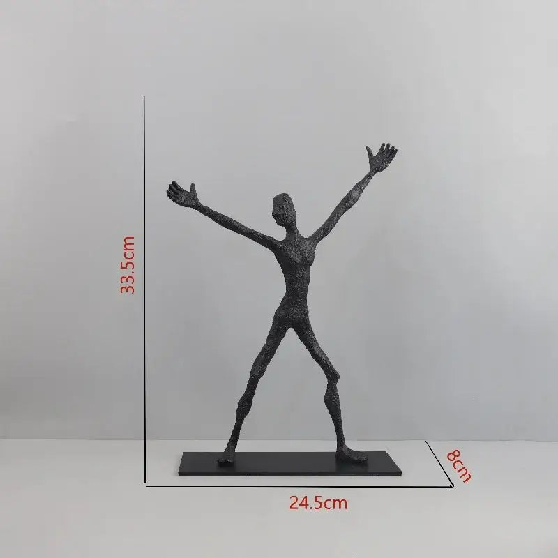 Black abstract geometric couple cast iron sculpture with outstretched limbs on rectangular base for home decor