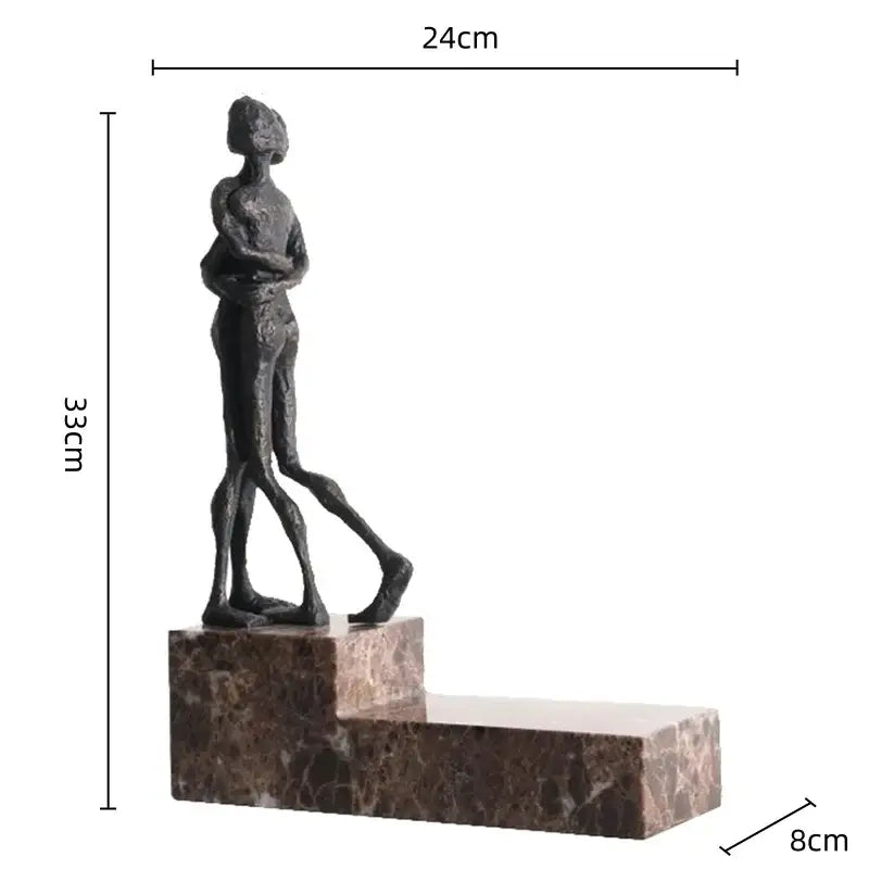 Dark bronze abstract gymnast metal handicraft figure of two embracing figures on brown marble base for decorbites decor