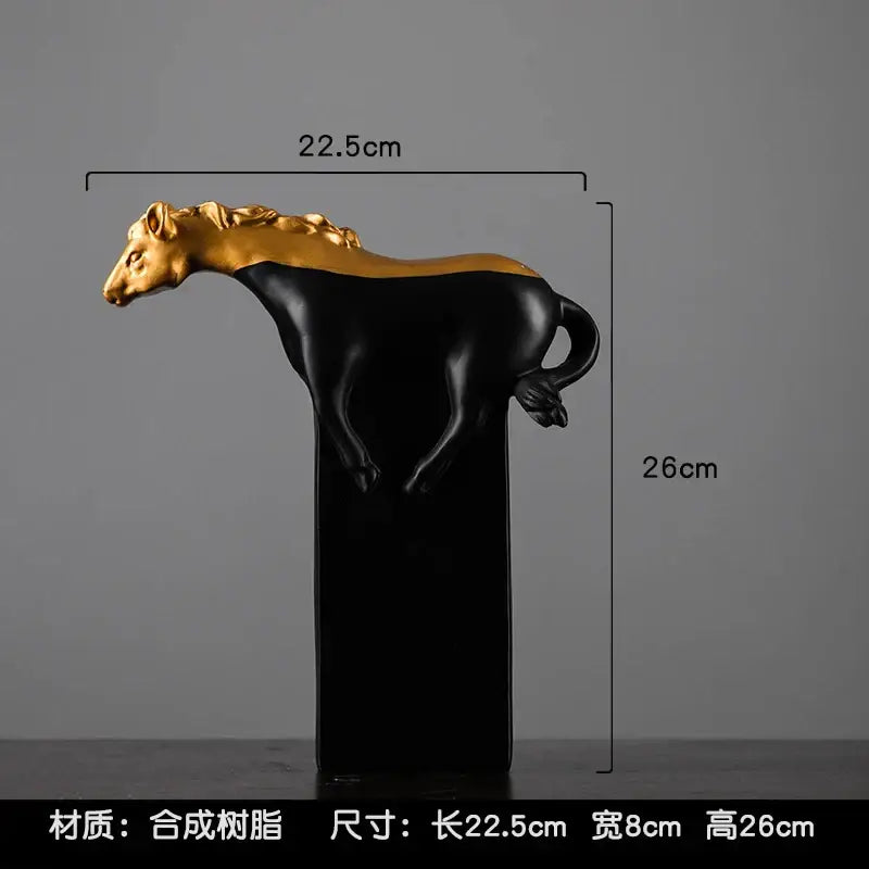 A sleek black and gold resin horse abstract sculpture with glossy finish perfect as decorbites golden horse figurine