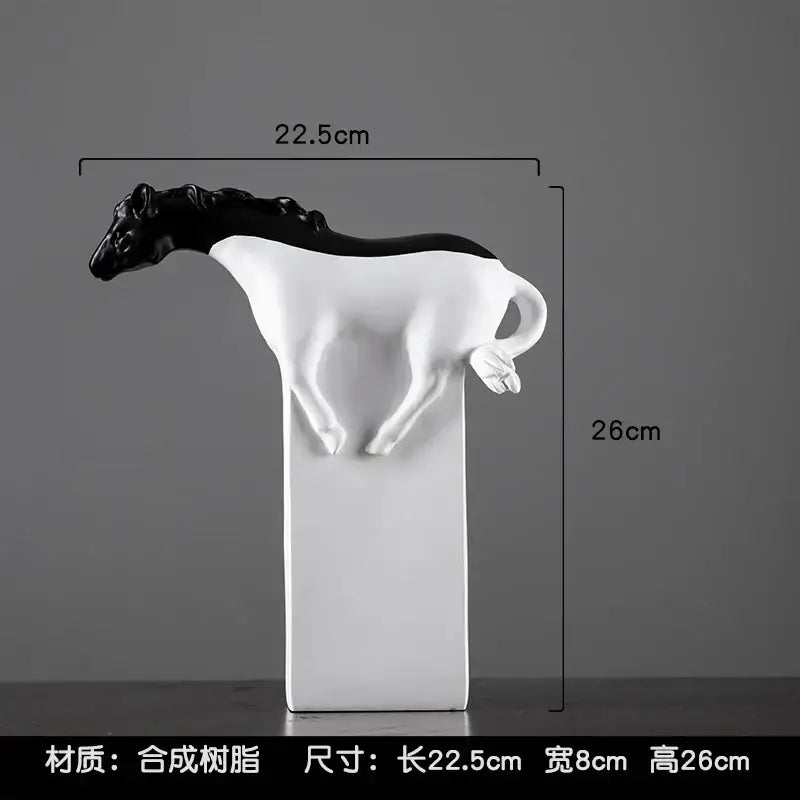 A sleek black and white resin horse abstract sculpture on a white pedestal for living room decorbites golden horse collection