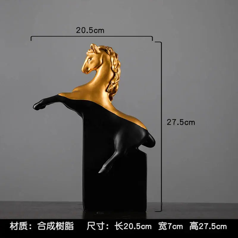 A sleek resin decorbites golden horse abstract sculpture with glossy black body and golden head for living room decor