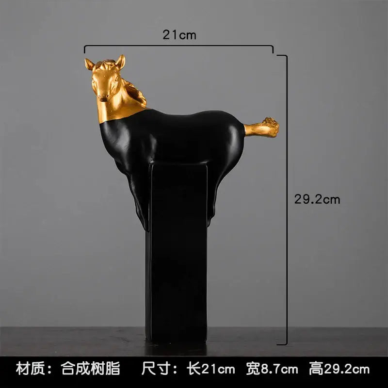 A sleek black and gold horse abstract sculpture with glossy finish on matching pedestal for living room decorbites golden horse