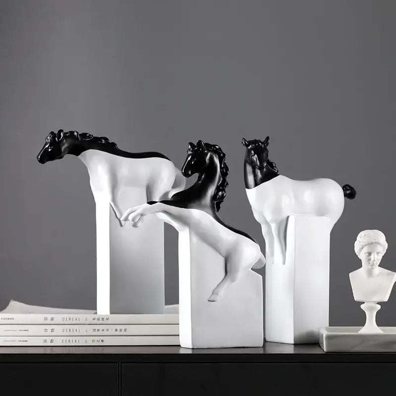 Three minimalist black and white resin horse abstract sculpture figurines on white bases for living room decorbites golden horse