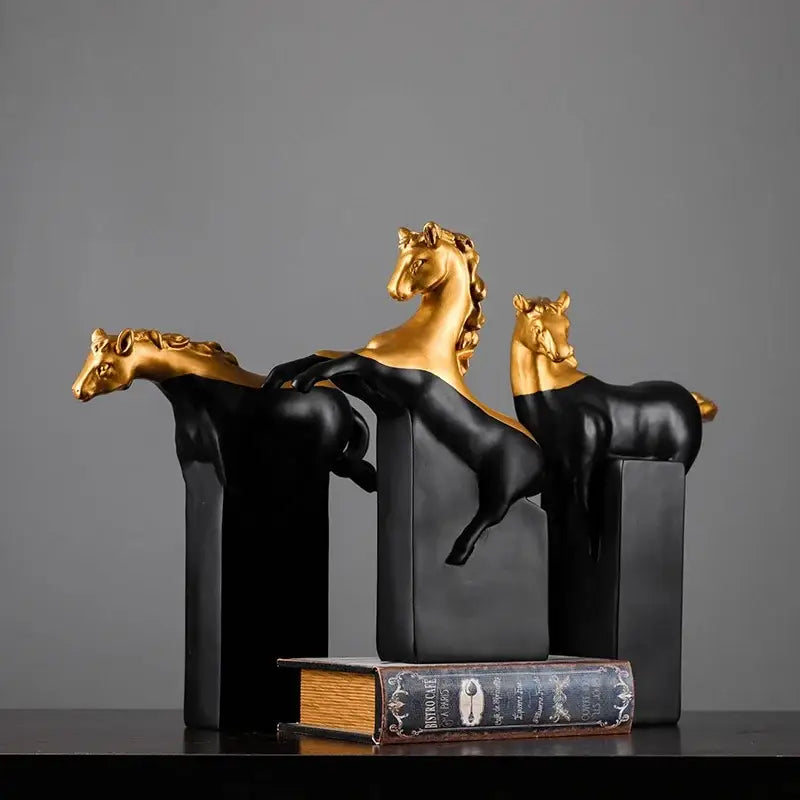 Three elegant black and gold glossy horse abstract sculptures perfect as decorbites golden horse figurines for living room