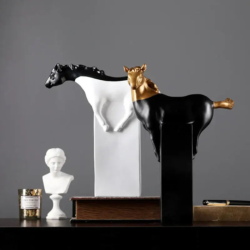 Abstract black and gold horse sculpture with white body on black pedestal for living room decorbites golden horse figurine