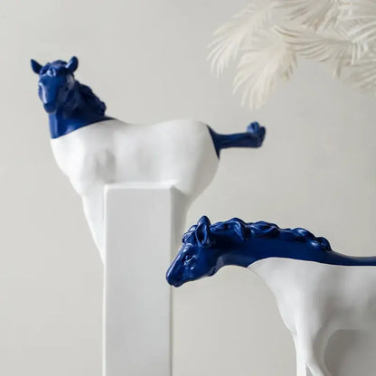 Blue and white ceramic decorbites horse statue with glossy finish suitable for living room resin sculpture decor