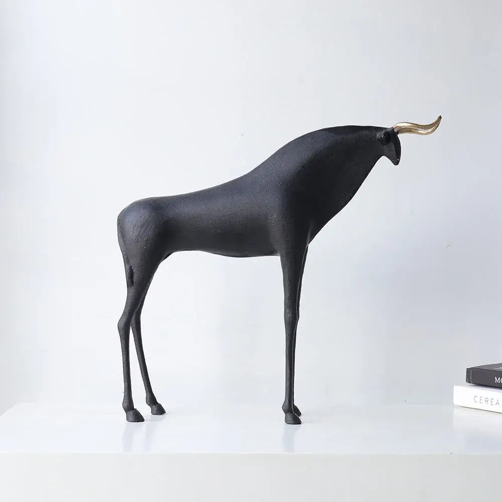 Abstract black resin iron horse figurine with polished gold horns for living room bull decor