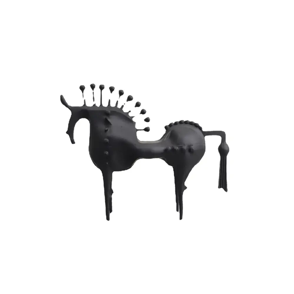 Abstract black horse metal sculpture with stylized mane and tail matte finish decorative figurine by decorbites