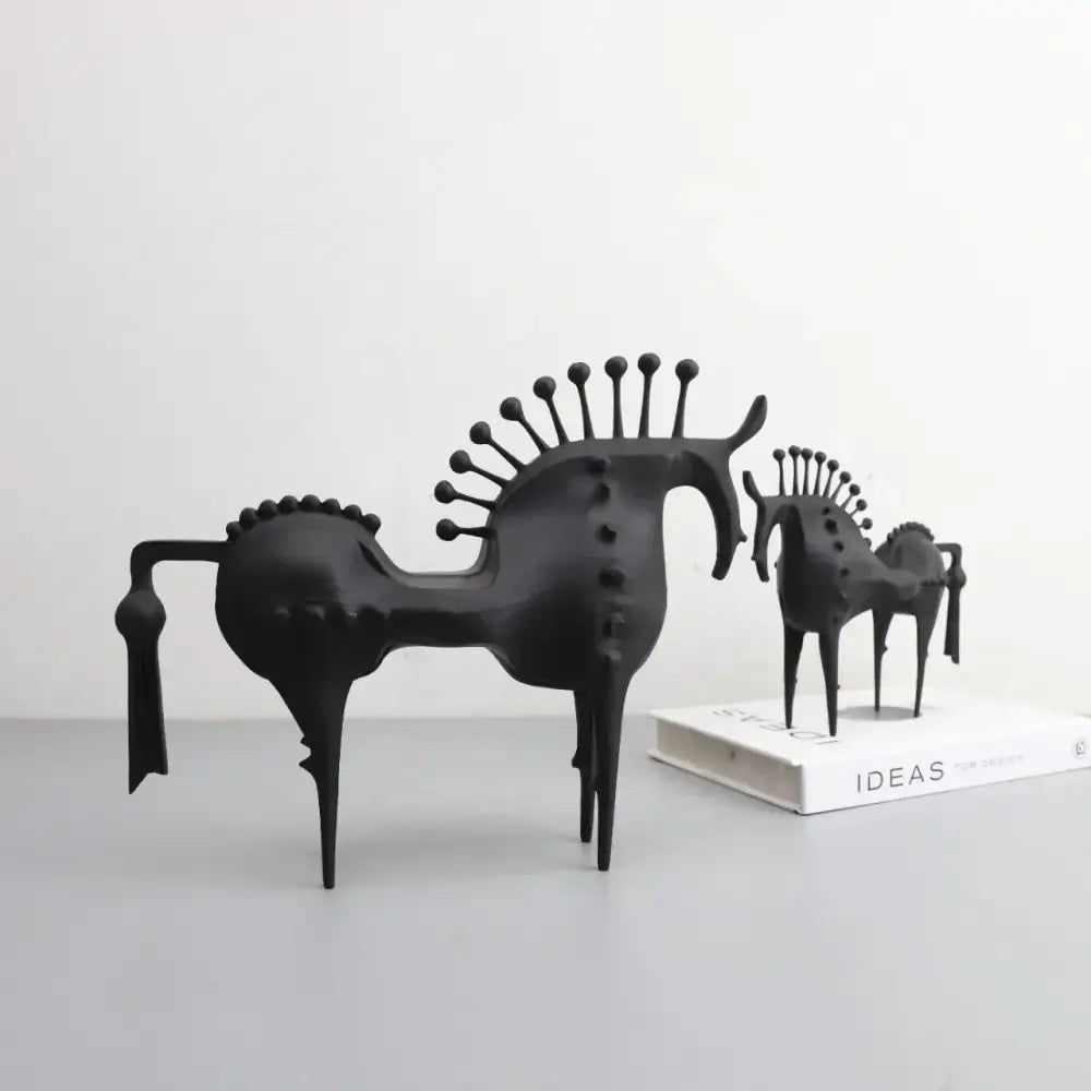 Abstract black horse metal sculpture with spiky mane and textured surface decorative figurine for living room decorbites