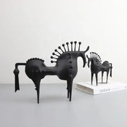 Abstract black horse metal sculpture with spiky mane and textured surface decorative figurine for living room decorbites