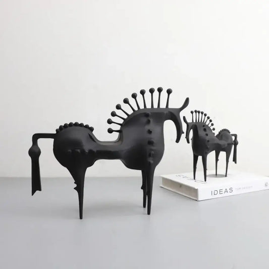 Abstract black horse metal sculpture with spiky mane and textured surface decorative figurine for living room decorbites