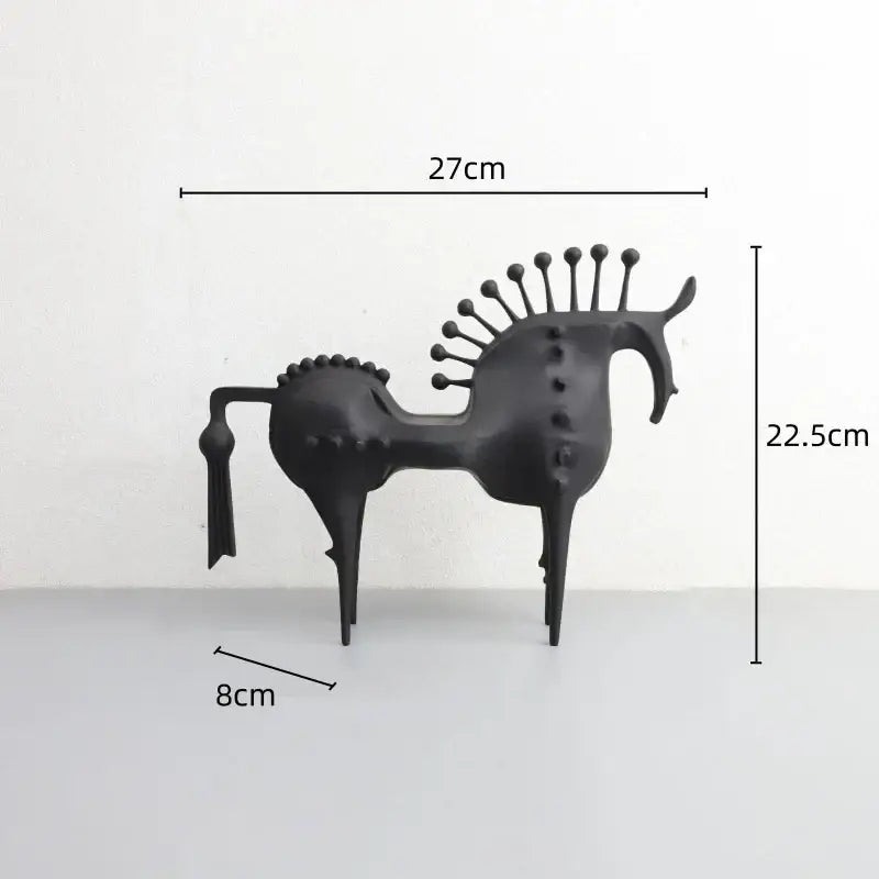 Abstract black horse metal sculpture with black matte finish and stylized spiky mane decorbites decorative figurine