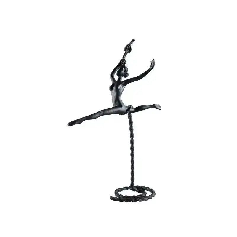 Abstract black metal ballerina dancer sculpture in black depicting a female acrobat performing a split on twisted rope decorbites ballerina dancer