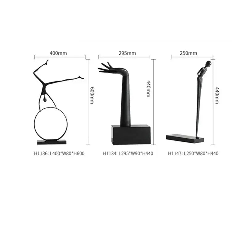 Three minimalist black metal sports figure sculptures on rectangular bases for living room decorbites black metal decor