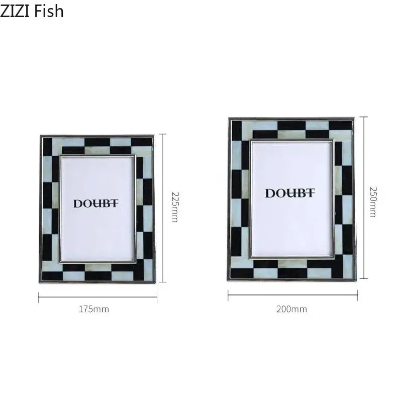 Abstract black and silver checkered photo frame with light blue accents and silver border for bedroom desktop decorbites black white decor