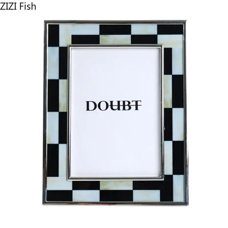 Abstract black silver checkered photo frame with white plaid mother-of-pearl inlays and sleek silver border for decorbites black white decor
