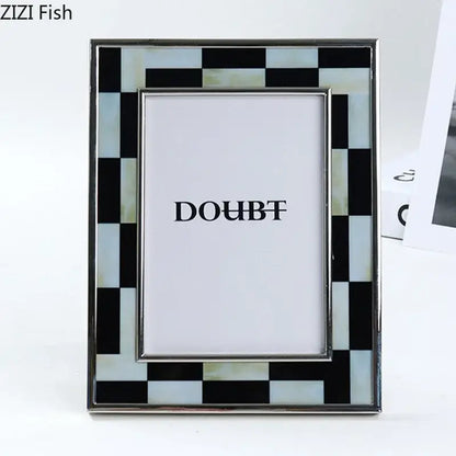 Rectangular photo frame with black and white plaid mother-of-pearl inlays and silver border for bedroom decorbites decor