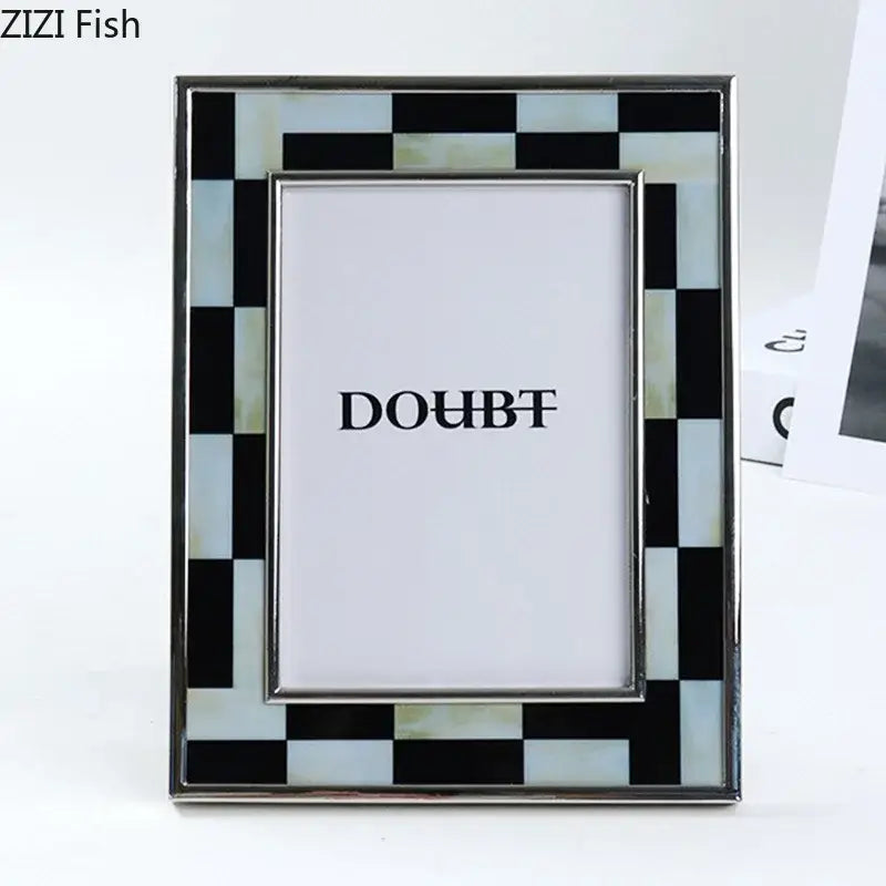 Rectangular photo frame with black and white plaid mother-of-pearl inlays and silver border for bedroom decorbites decor
