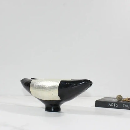 Glossy black and silver ceramic bowl designed as a decorbites elliptic resin flower pot for living room decor