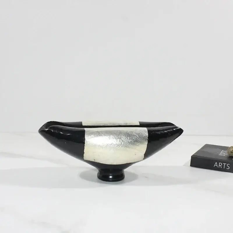 Black ceramic decorbites elliptic resin flower pot with wide flared rim and silver leaf band for living room decor